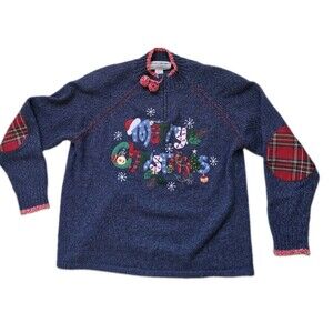 Heirloom Collectibles Merry Christmas Navy Tartan Patch Sweater Size M EUC